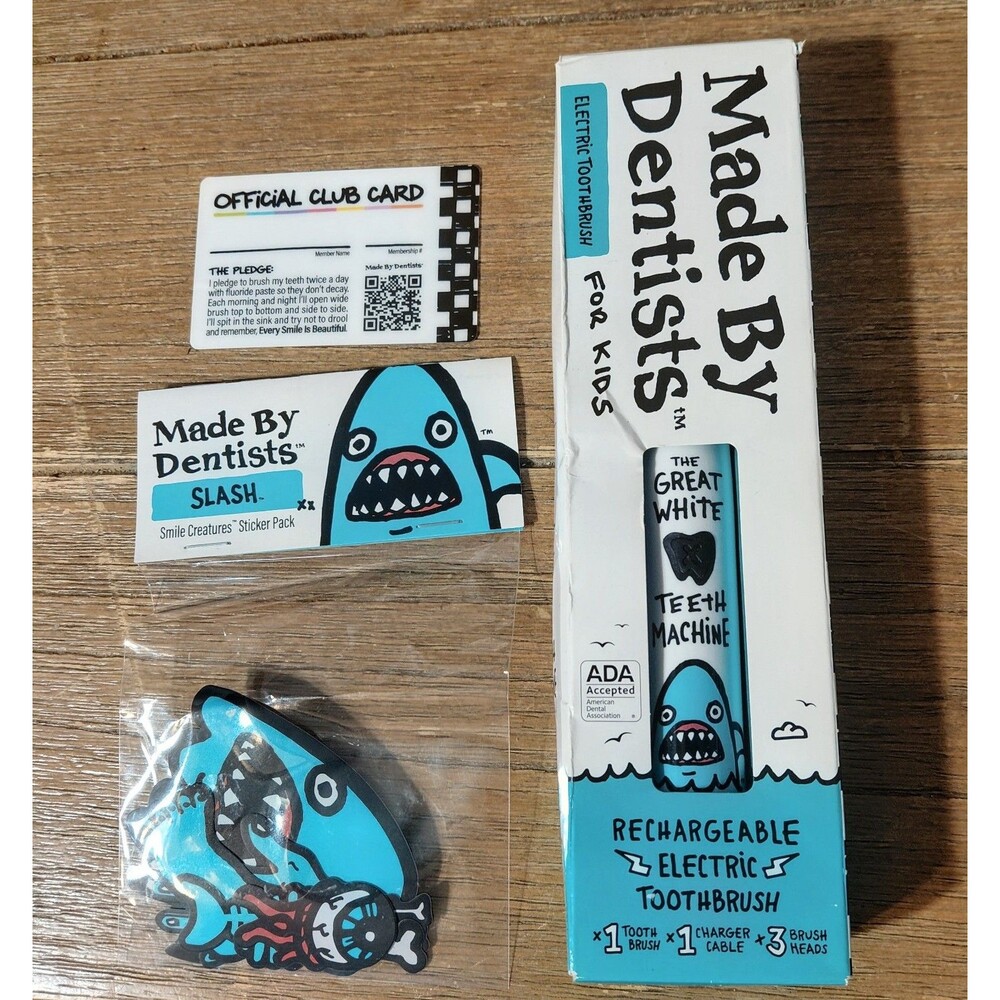 NIB Made By Dentists Kids Electric Toothbrush - Great White Shark + Stickers